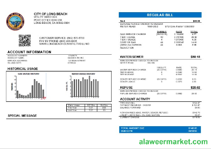 USA City of Long Beach business utility bill template in Word and PDF formats